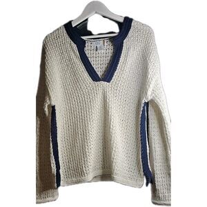 Coastal Grandmother Open Knit Sweater Medium Ivory Navy Nautical Beachy Preppy